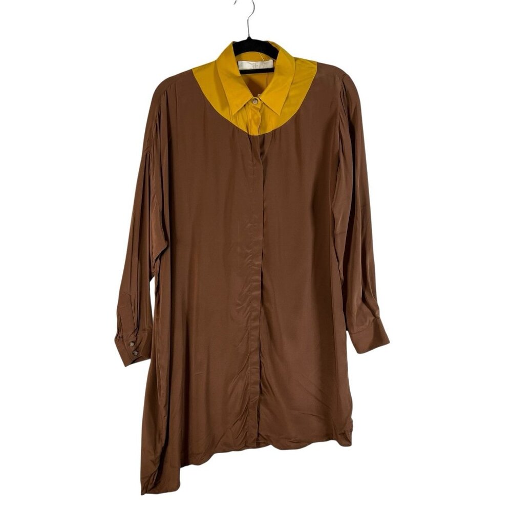 Thakoon Womens Brown Mini Shirt Dress Long Sleeve Collared Asymmetrical Designer